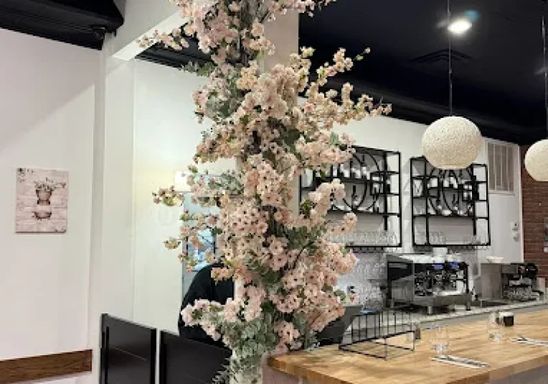 Morning Bloom counter beneath a hanging floral blossom installation, with pendant lights and green stools
